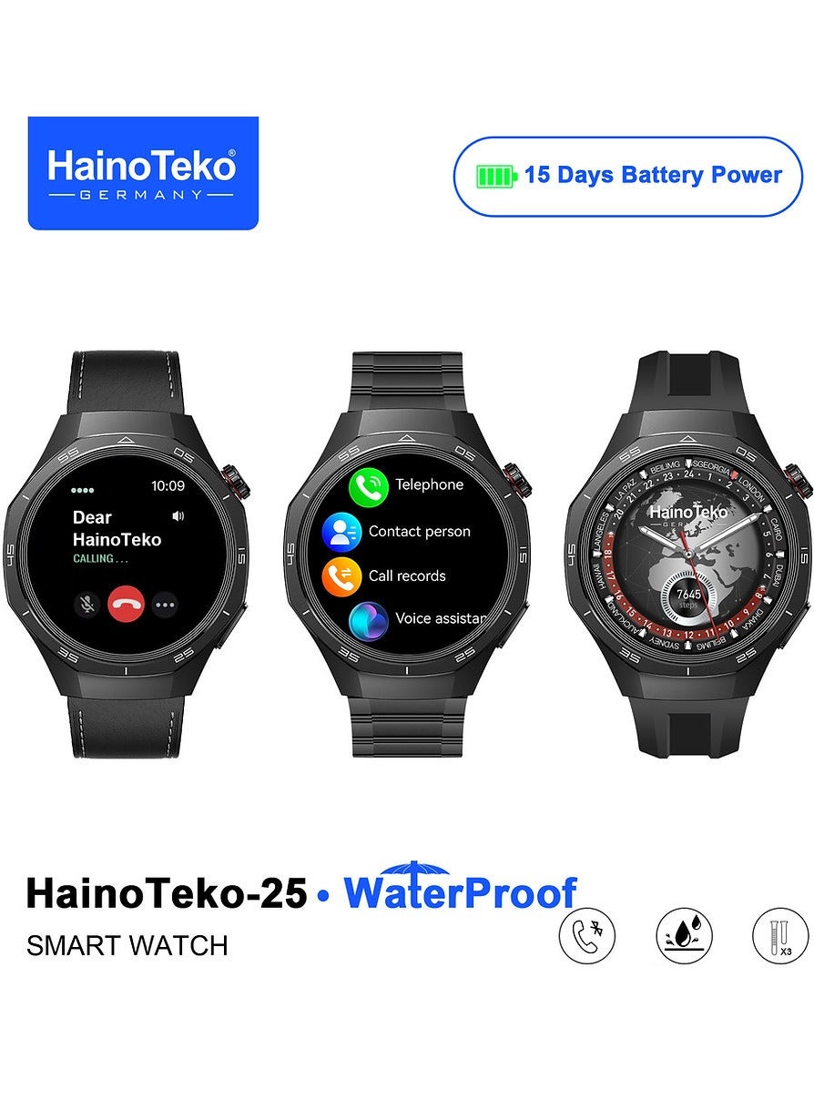 Haino Teko-25 Waterproof Smartwatch with AMOLED Display 3 Interchangeable Straps Voice Assistance and Charging Cable Designed for Men Black