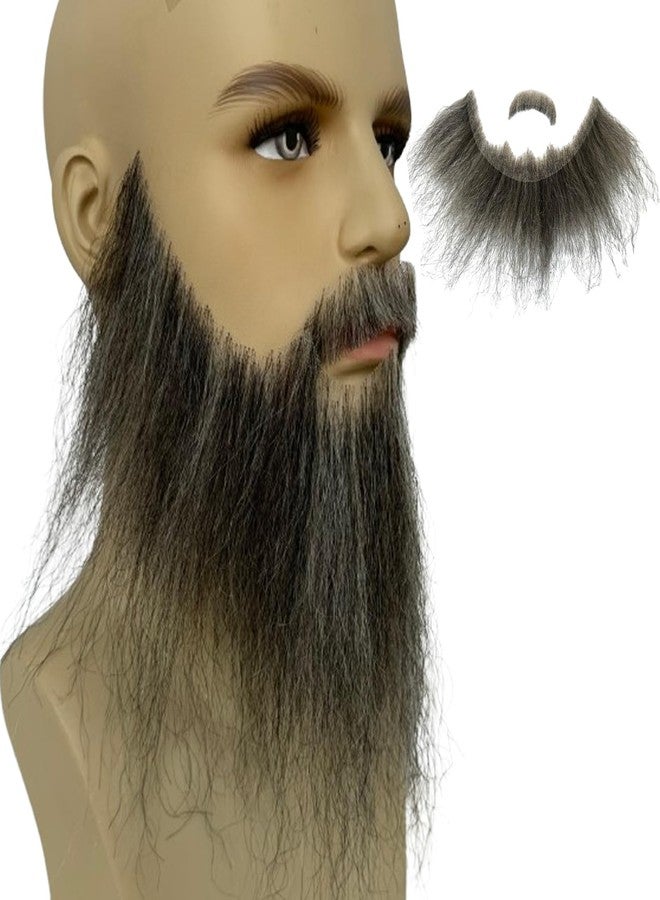 Voloria Fake Beard Human Hair Full Hand Tied Facial Hair False Beards Lace Invisible Face Mustache for Party Makeup Cosplay Costume Party 6-7INCH (Black Mixed Grey Color) - Image 1