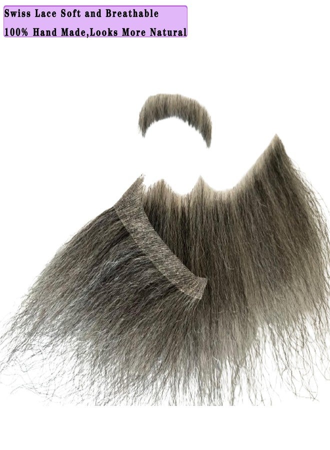 Voloria Fake Beard Human Hair Full Hand Tied Facial Hair False Beards Lace Invisible Face Mustache for Party Makeup Cosplay Costume Party 6-7INCH (Black Mixed Grey Color) - Image 3