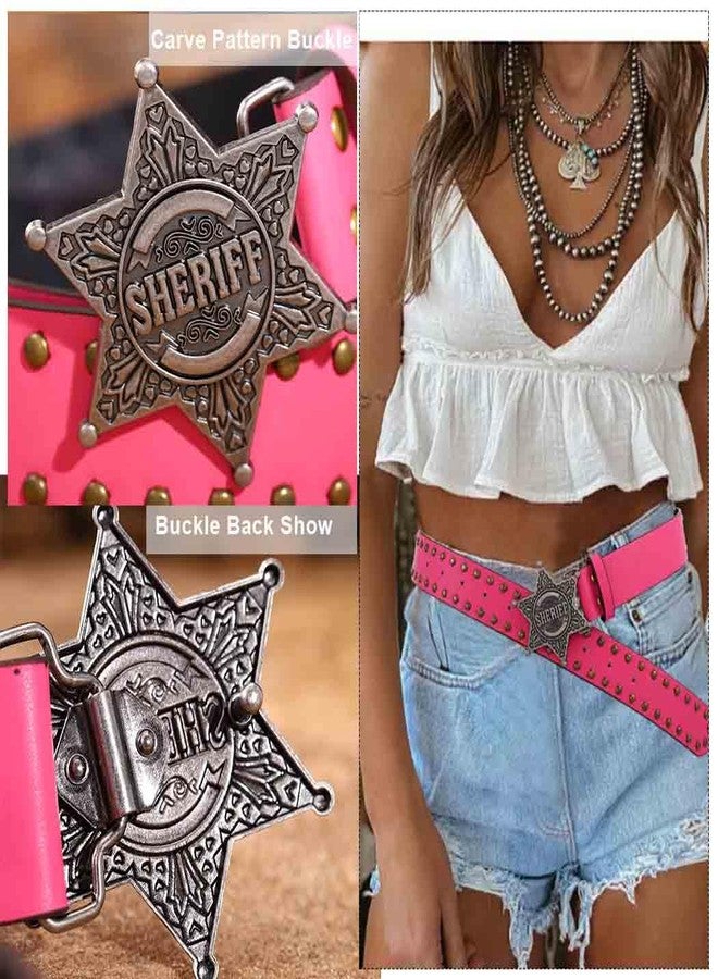 Yalice Women Western Leather Belt for Men Star Buckle Country Belts Cowboys Cowgirls Belt for Jeans Pants Lady Waist Belt (Pink, Fits Waist Size: 27''-35'') - Image 3