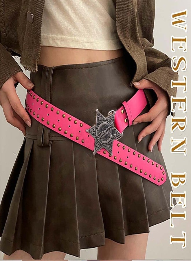 Yalice Women Western Leather Belt for Men Star Buckle Country Belts Cowboys Cowgirls Belt for Jeans Pants Lady Waist Belt (Pink, Fits Waist Size: 27''-35'') - Image 2
