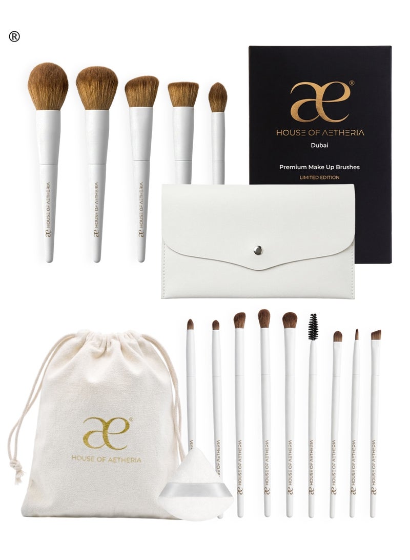 House of Aetheria 14 piece Pearl Make Up Brush Set, V- Shape Puff, Soft Canvas Bag, Make Up Bag - Image 1