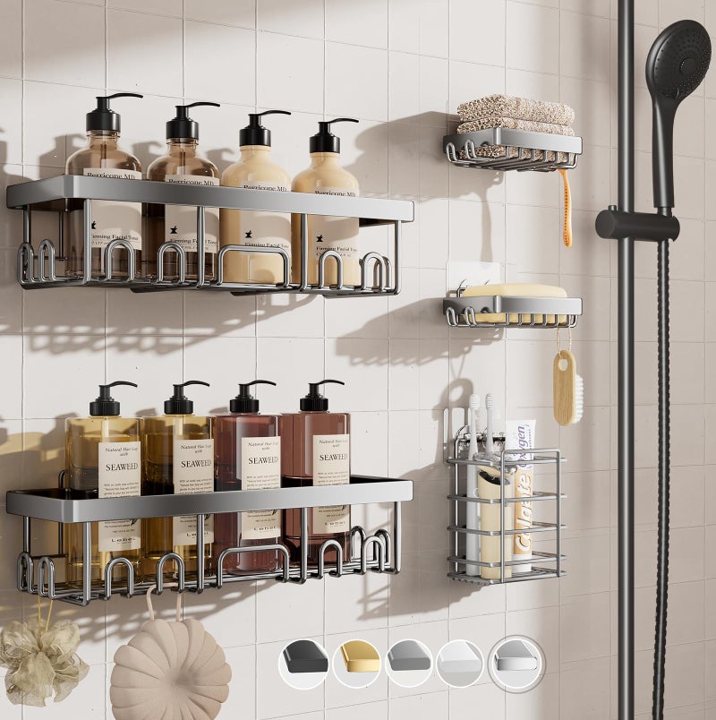 Veken Adhesive Shower Caddy 5PackHeavy Weight BearingLarge Wall Mounted Shower Shelves RackOrganizer Storage Accessories with Soap DishToothbrush HolderIdeal for BathroomHomeKitchenSilver