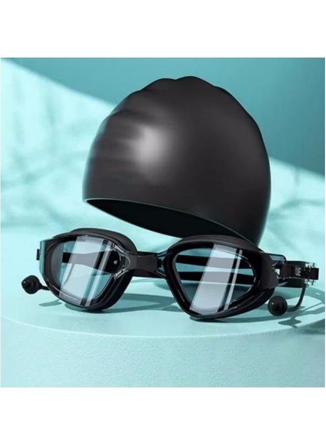Swimming Cap with Swim Goggles, Goggles Set for Adults,UV Protection Lenses Clear Anti-Fog Goggles,Silica Gel Waterproof Cap, Black - Image 1
