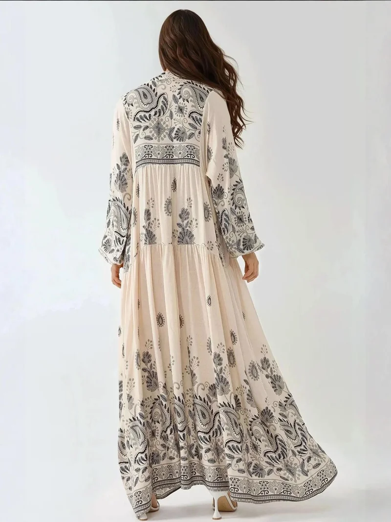 HICCUP Dark Grey Printed V-neck Maxi Dress with Button Detail for Women | Best Price UAE