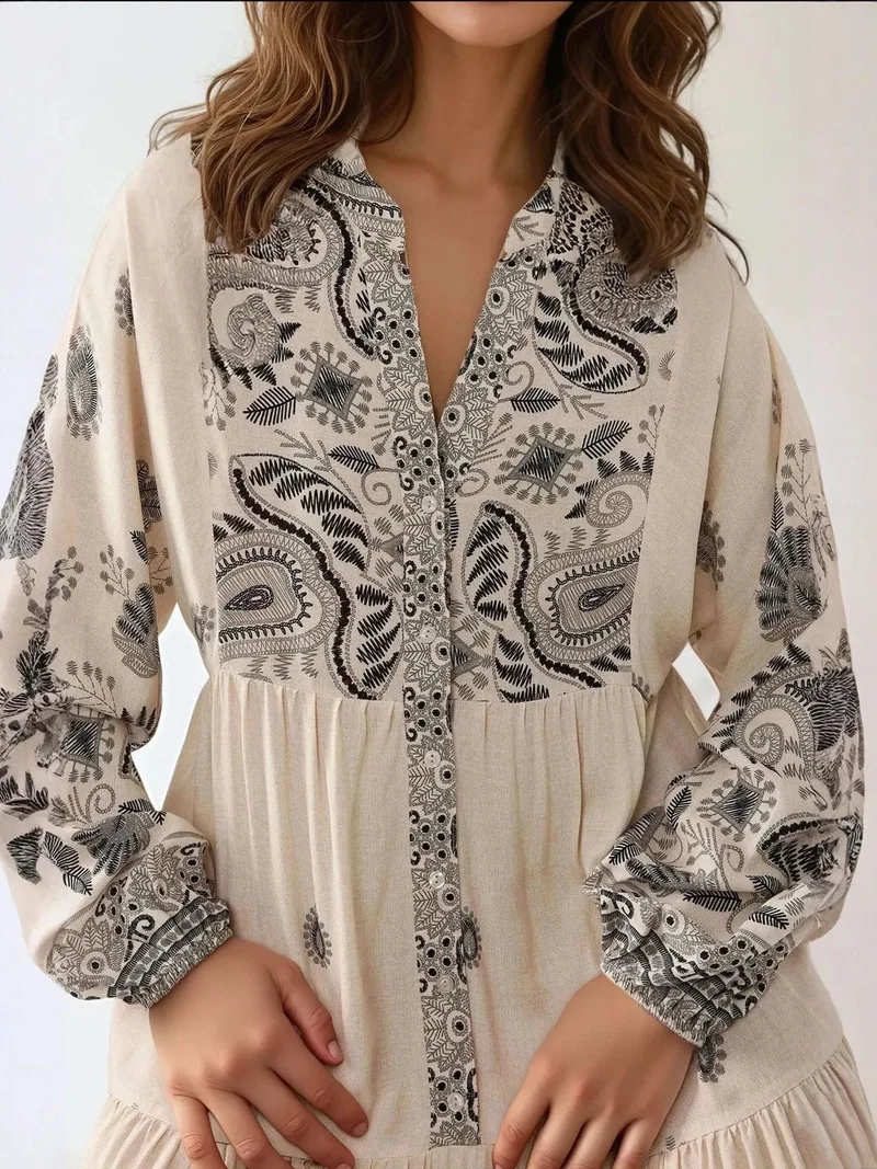 HICCUP Printed V-neck Maxi Dress with Button Detail