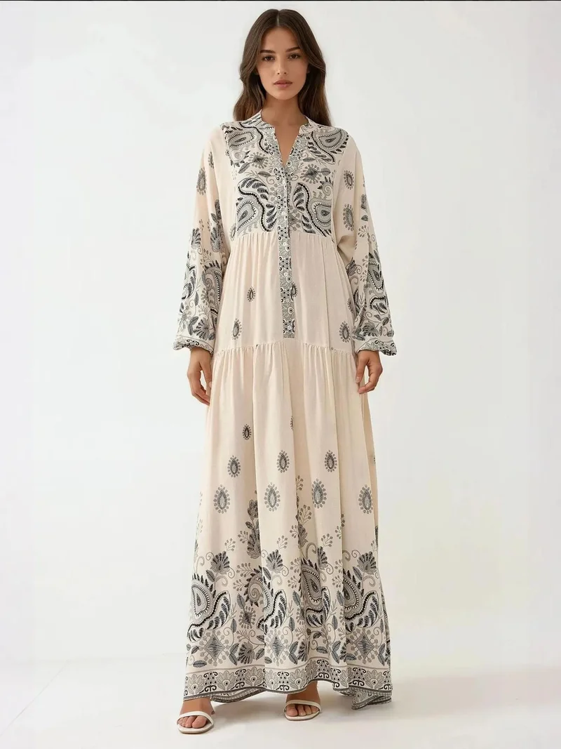 HICCUP Dark Grey Printed V-neck Maxi Dress with Button Detail for Women | Best Price UAE