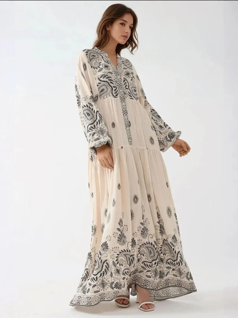 HICCUP Printed V-neck Maxi Dress with Button Detail