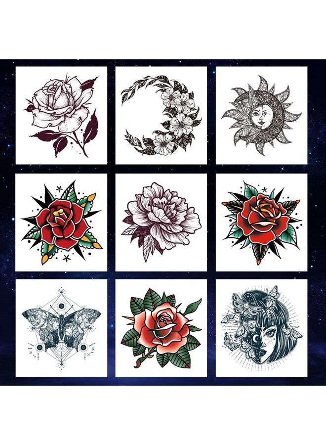 Oottati 9 Sheets Women Hand Back Red Rose Black Flower Sun Moon Butterfly Totem Temporary Tattoo Stickers - Image 2