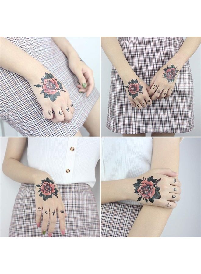 Oottati 9 Sheets Women Hand Back Red Rose Black Flower Sun Moon Butterfly Totem Temporary Tattoo Stickers - Image 1