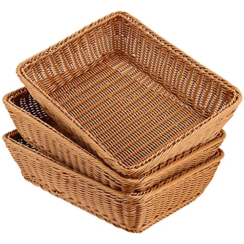 FUNSUEI 3 Pack 15.6 x 11.8 x 3.4 Inches Rectangular Poly Wicker Bread Baskets, Food Serving Baskets, Handmade Woven Pantry Organizer for Storing Bread, Vegetables, Fruits, Snacks and Crafts, Brown - Image 1