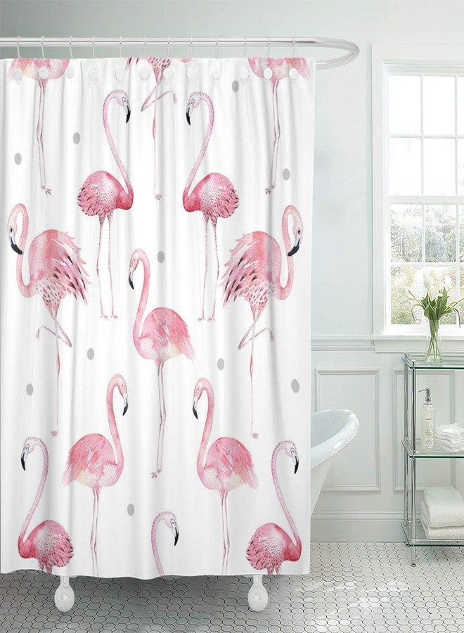 ArtSocket Shower Curtain Watercolor Bath Pink Flamingos Grey Polka Dots Chic Tropical Home Bathroom Decor Polyester Fabric Waterproof 72 x 72 Inches Set with Hooks - Image 2
