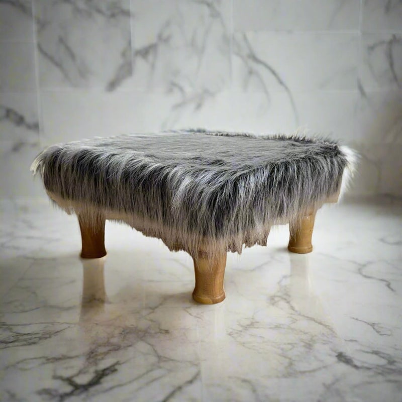 HOMDECLOYAL Premium Heavy Quality Hardwood Super Strong Modern Faux fur with Printed Cover Wooden Stool 15X15X8 inch for Sitting in Living Room Pooja Room Footrest Gray_Fur - Image 1