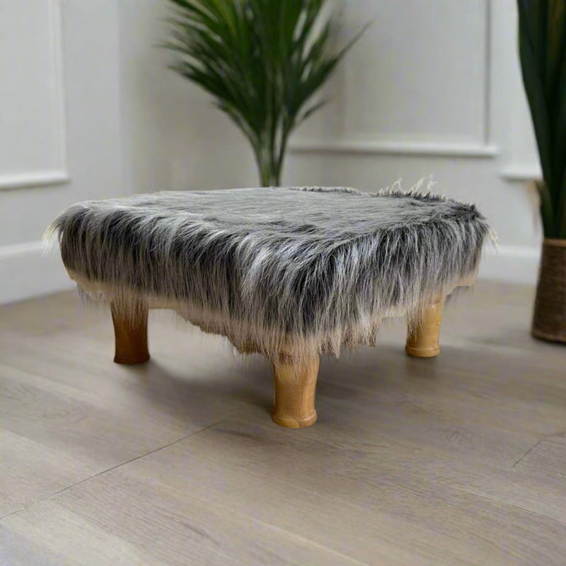 HOMDECLOYAL Premium Heavy Quality Hardwood Super Strong Modern Faux fur with Printed Cover Wooden Stool 15X15X8 inch for Sitting in Living Room Pooja Room Footrest Gray_Fur - Image 2