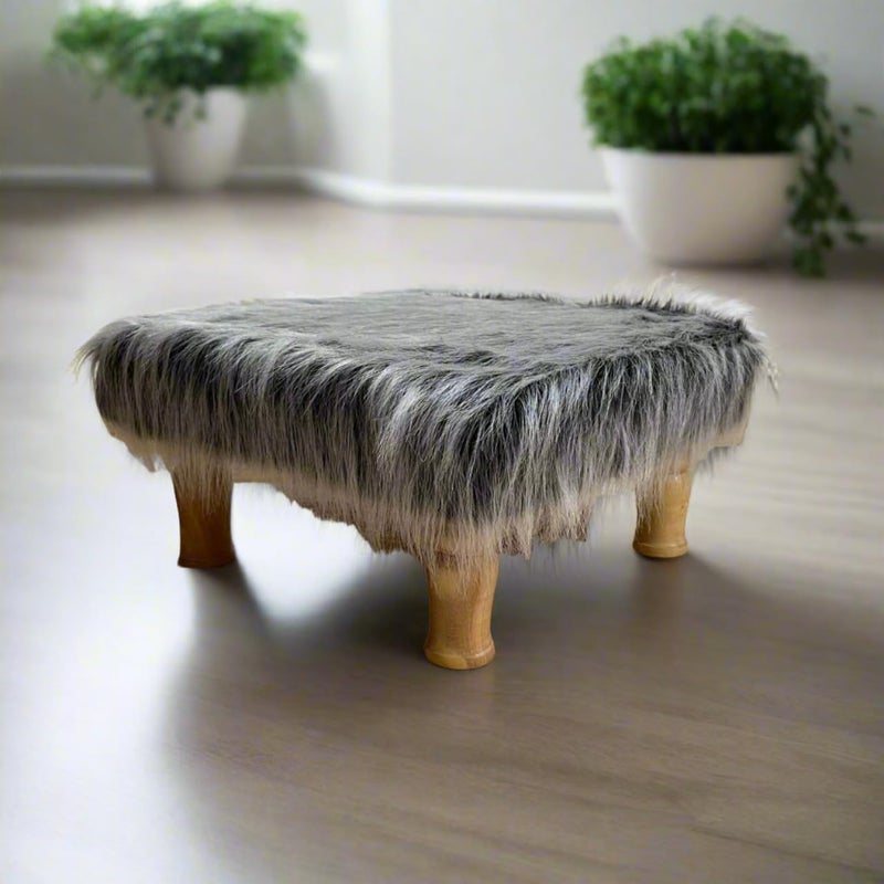 HOMDECLOYAL Premium Heavy Quality Hardwood Super Strong Modern Faux fur with Printed Cover Wooden Stool 15X15X8 inch for Sitting in Living Room Pooja Room Footrest Gray_Fur - Image 4