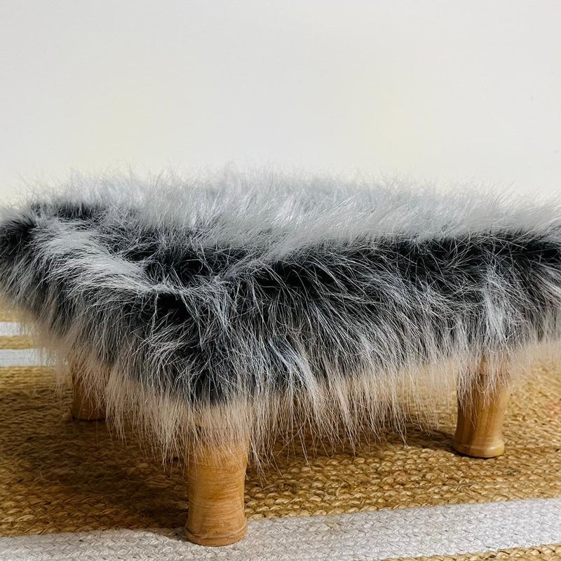 HOMDECLOYAL Premium Heavy Quality Hardwood Super Strong Modern Faux fur with Printed Cover Wooden Stool 15X15X8 inch for Sitting in Living Room Pooja Room Footrest Gray_Fur - Image 3