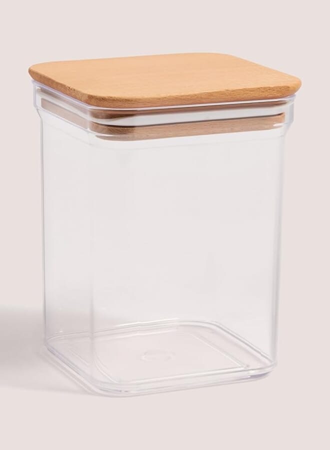 Matalan Square Shape Plastic Food Storage Container with Wooden Lid, 1 Liter Capacity, Clear