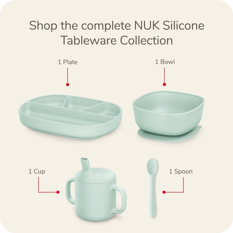 NUK Silicone Baby Tableware Bundle, Includes 1 Plate, 1 Bowl, 1 Cup, & 1 Spoon, Durable Suction Feature Helps Reduce Spills, Microwave-Safe, BPA-Free - Image 5