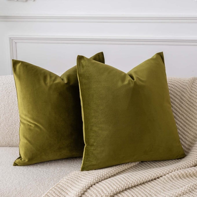 DECORATIVE VELVET THROW PILLOWS COVERS FOR COUCH BED SOFAPACK OF 2 LUXURY SOLID SOFT CUSHION CASES26X26 INCHESOLIVE GREEN