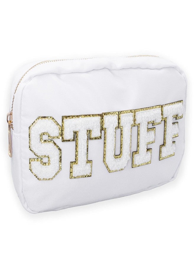 Fablinks Preppy Makeup Pouch, Chenille Varsity Letter Stuff Bag, White Nylon Skin Care Patch Bags Organizer for Women, Travel Make Up Skincare Cosmetic Zipper Bags, Easter Basket Stuffers - Image 1