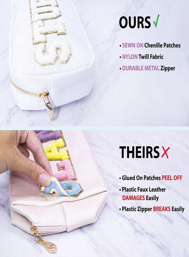 Fablinks Preppy Makeup Pouch, Chenille Varsity Letter Stuff Bag, White Nylon Skin Care Patch Bags Organizer for Women, Travel Make Up Skincare Cosmetic Zipper Bags, Easter Basket Stuffers - Image 5