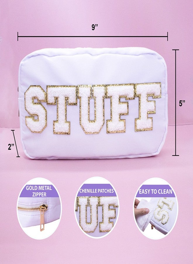 Fablinks Preppy Makeup Pouch, Chenille Varsity Letter Stuff Bag, White Nylon Skin Care Patch Bags Organizer for Women, Travel Make Up Skincare Cosmetic Zipper Bags, Easter Basket Stuffers - Image 4