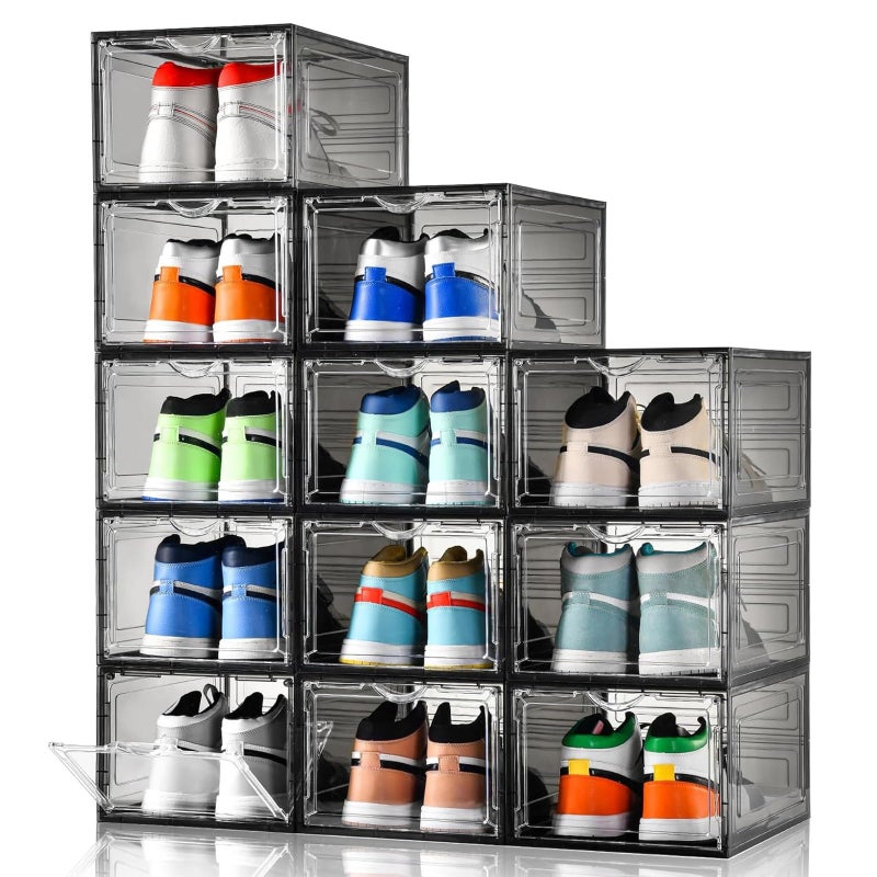 Clemate Upgraded X-Large Shoe Storage Box,12 Pack,Shoe Box Clear Plastic Stackable,Drop Front Shoe Box with Clear Door,Shoe Organizer Containers For Sneaker Display,Fit up to US Size13, Ashy - Image 1