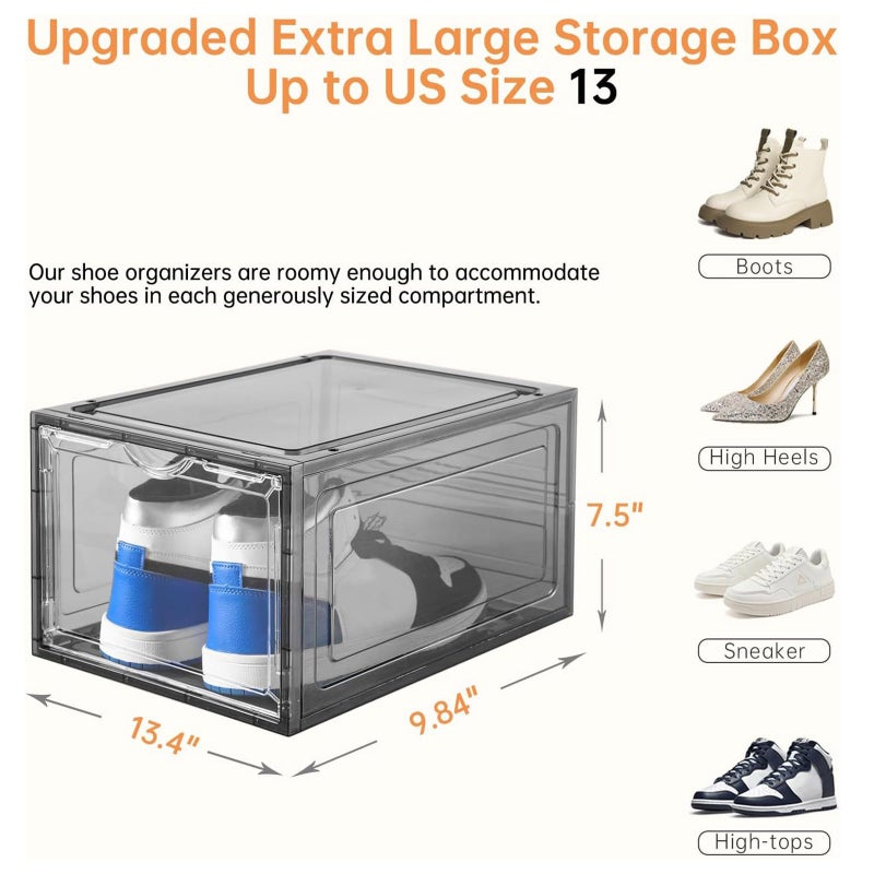 Clemate Upgraded X-Large Shoe Storage Box,12 Pack,Shoe Box Clear Plastic Stackable,Drop Front Shoe Box with Clear Door,Shoe Organizer Containers For Sneaker Display,Fit up to US Size13, Ashy - Image 4