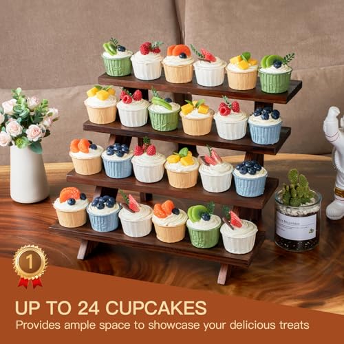 DAOYOUSKY Wooden Rustic Cupcake Stand for 24 Cupcakes, Stepped Wood Display Stand for Weddings, Tiered Party Table Display Riser for Food , Dessert, Cookie, Decor, Craft Show, Brown - Image 2