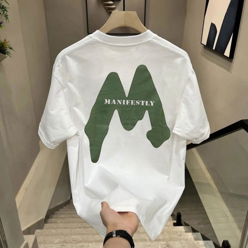 American Heavyweight Pure Cotton White Short-Sleeved T-Shirt For Men 2025 Fashion Brand Letter Printed Half-Sleeved Top - Image 3