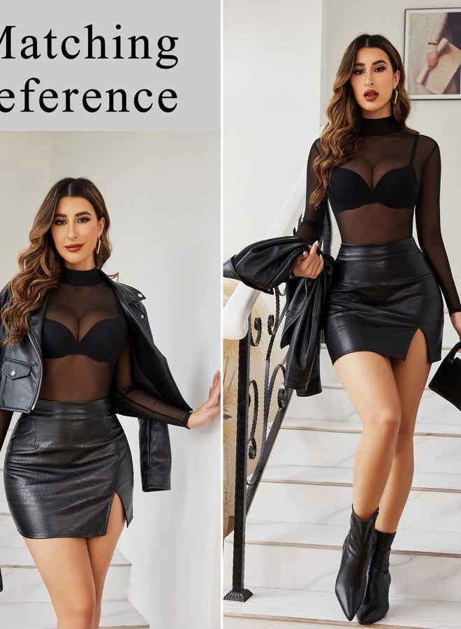 Avidlove بدلة نسائية بأكمام طويلة مع ياقة قائمة وشبك شفاف، أسود 02، XL - Image 4