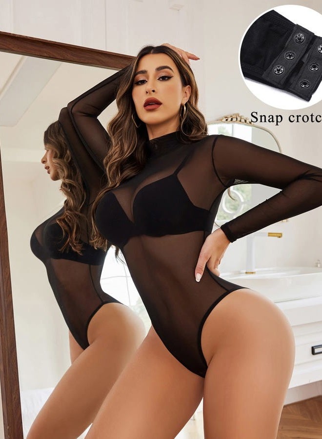 Avidlove بدلة نسائية بأكمام طويلة مع ياقة قائمة وشبك شفاف، أسود 02، XL - Image 2