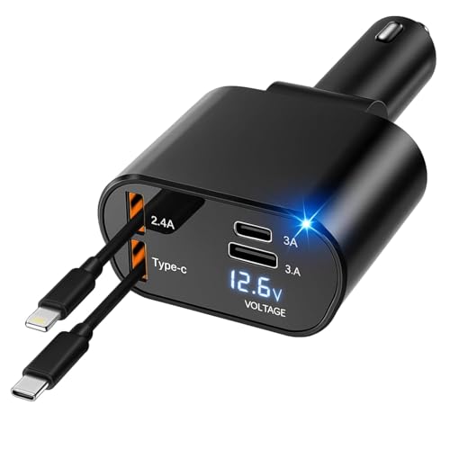SARTE 4in1 Retractable car Charger with Dual USB Ports, Type-C Cable, Fast Charging and 6 Month Warranty. Compatible with iPhone, Samsung, Pixel, Tablets and AirPods. Compact Durable Design. - Image 1