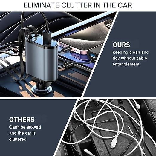 SARTE 4in1 Retractable car Charger with Dual USB Ports, Type-C Cable, Fast Charging and 6 Month Warranty. Compatible with iPhone, Samsung, Pixel, Tablets and AirPods. Compact Durable Design. - Image 2