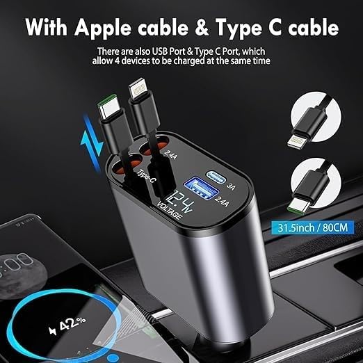 SARTE 4in1 Retractable car Charger with Dual USB Ports, Type-C Cable, Fast Charging and 6 Month Warranty. Compatible with iPhone, Samsung, Pixel, Tablets and AirPods. Compact Durable Design. - Image 3
