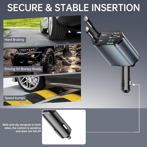 SARTE 4in1 Retractable car Charger with Dual USB Ports, Type-C Cable, Fast Charging and 6 Month Warranty. Compatible with iPhone, Samsung, Pixel, Tablets and AirPods. Compact Durable Design. - Image 4