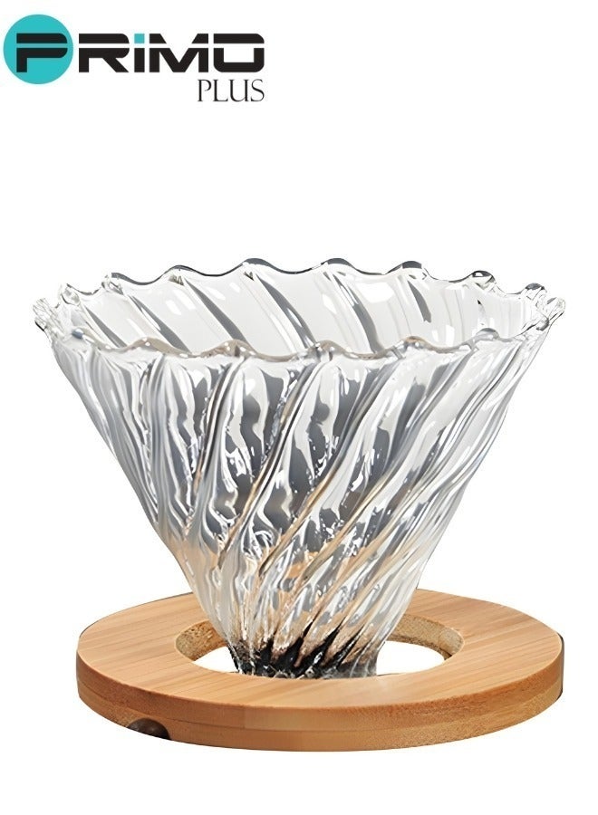 بريمو بلس كوب من الزجاج V60 بفلتر لتنقيط القهوة مع قاعدة مصنوعة من الخشب شفاف - Image 1