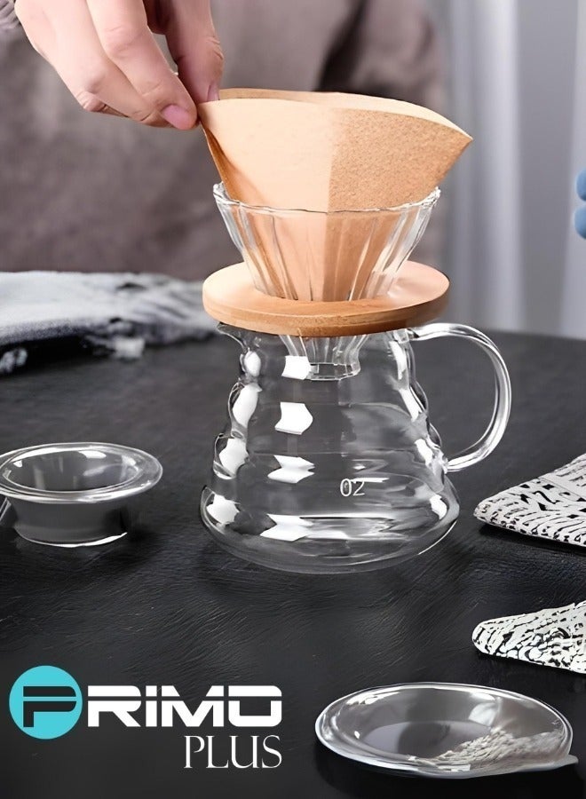بريمو بلس كوب من الزجاج V60 بفلتر لتنقيط القهوة مع قاعدة مصنوعة من الخشب شفاف - Image 2