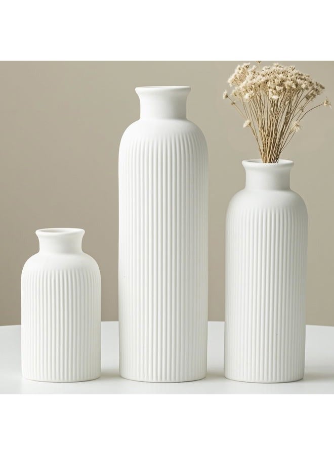 vaurcesa Modern Ceramic Vase Set, White Ribbed Matte Design, 3-Piece Decorative Vases for Home, Living Room, Office (White) - Image 1