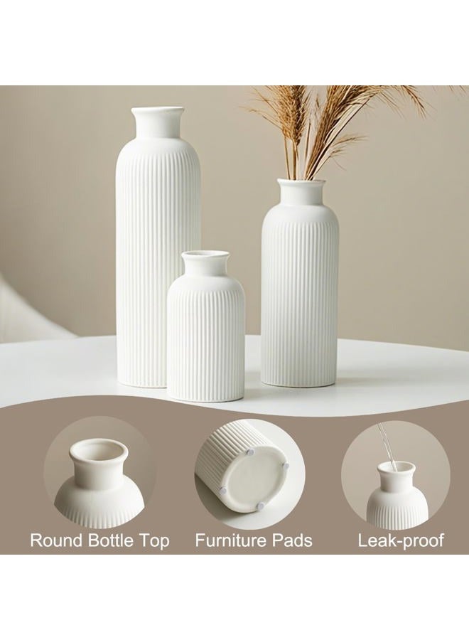 vaurcesa Modern Ceramic Vase Set, White Ribbed Matte Design, 3-Piece Decorative Vases for Home, Living Room, Office (White) - Image 3