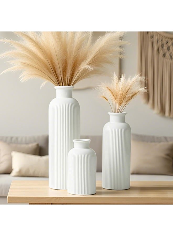 vaurcesa Modern Ceramic Vase Set, White Ribbed Matte Design, 3-Piece Decorative Vases for Home, Living Room, Office (White) - Image 2