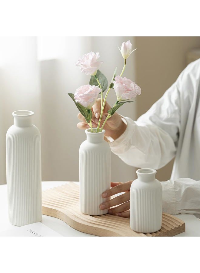 vaurcesa Modern Ceramic Vase Set, White Ribbed Matte Design, 3-Piece Decorative Vases for Home, Living Room, Office (White) - Image 5