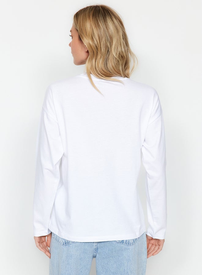 trendyol White 100% Cotton Basic Crew Neck Long Sleeve Oversize/Wide Pattern Knitted T-Shirt - Image 5
