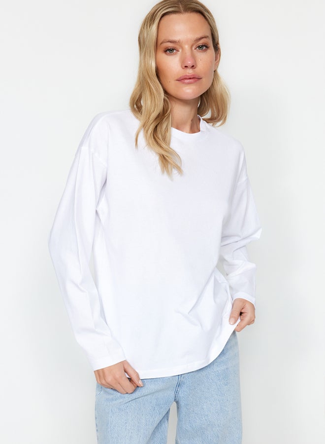 trendyol White 100% Cotton Basic Crew Neck Long Sleeve Oversize/Wide Pattern Knitted T-Shirt - Image 2