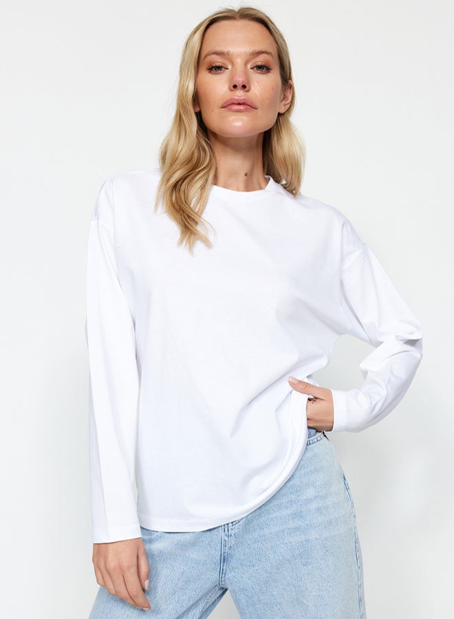 trendyol White 100% Cotton Basic Crew Neck Long Sleeve Oversize/Wide Pattern Knitted T-Shirt - Image 3