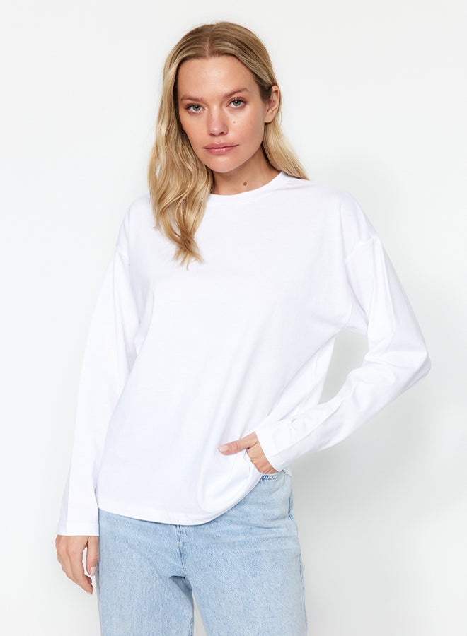 trendyol White 100% Cotton Basic Crew Neck Long Sleeve Oversize/Wide Pattern Knitted T-Shirt - Image 1