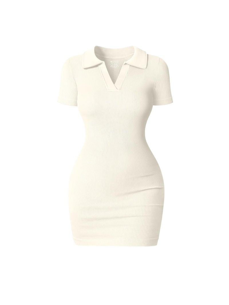 OQQ Women's Mini Dresses Sexy Ribbed Short Sleeve Tummy Control Bodycon Mini Dress Beige - Image 1