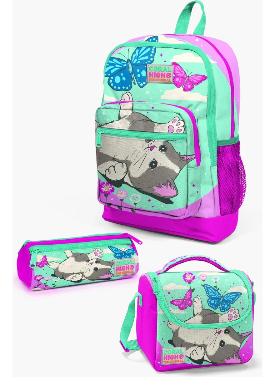 كورال هاي Kids Water Green Pink Cat Patterned 3-Piece School Bag Set SET0123707