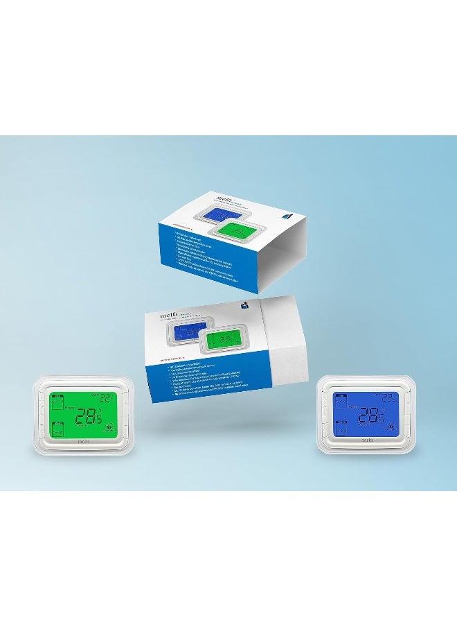 Melfi Home Digital Air Condition Manual Fcu Ac Thermostats With R Sense, 2 Pipe Heat/Cool Manual Or Auto 3-Speed Fan Control | Suitable For Chiller/Compressor Hvac System 230V Ac (Green Backlight)