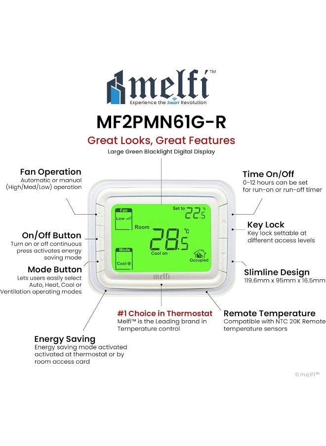 melfi Melfi Home Digital Air Condition Manual Fcu Ac Thermostats With R Sense, 2 Pipe Heat/Cool Manual Or Auto 3-Speed Fan Control | Suitable For Chiller/Compressor Hvac System 230V Ac (Green Backlight)  - Image 2